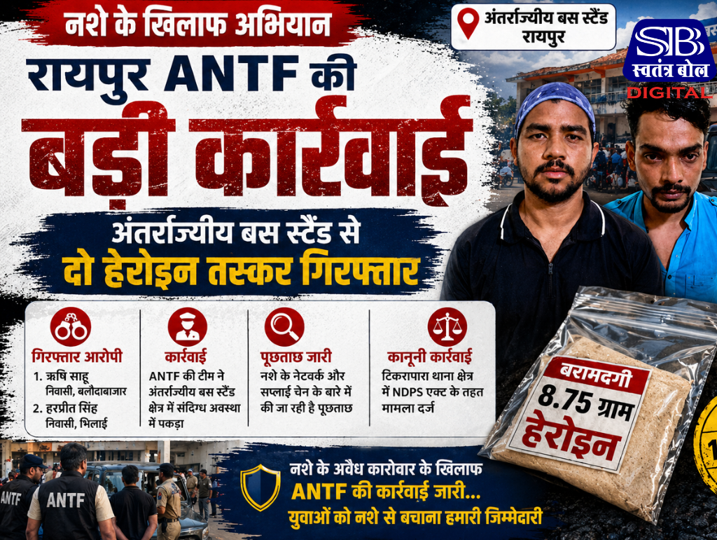 रायपुर में ANTF द्वारा गिरफ्तार किए गए दो हेरोइन तस्कर, बरामद नशीले पदार्थ और पुलिस कार्रवाई की तस्वीर।