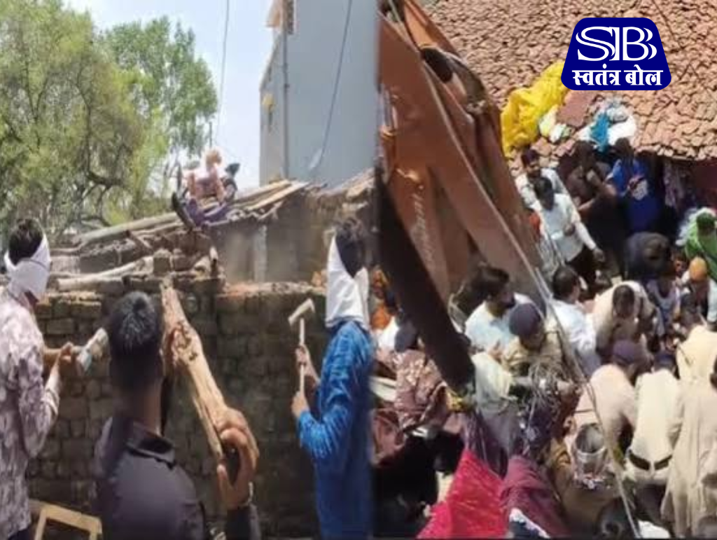 धमतरी के गाड़ापारा इलाके में अतिक्रमण हटाने पहुंची निगम टीम, मौके पर तैनात पुलिस बल और विरोध करते स्थानीय लोग।