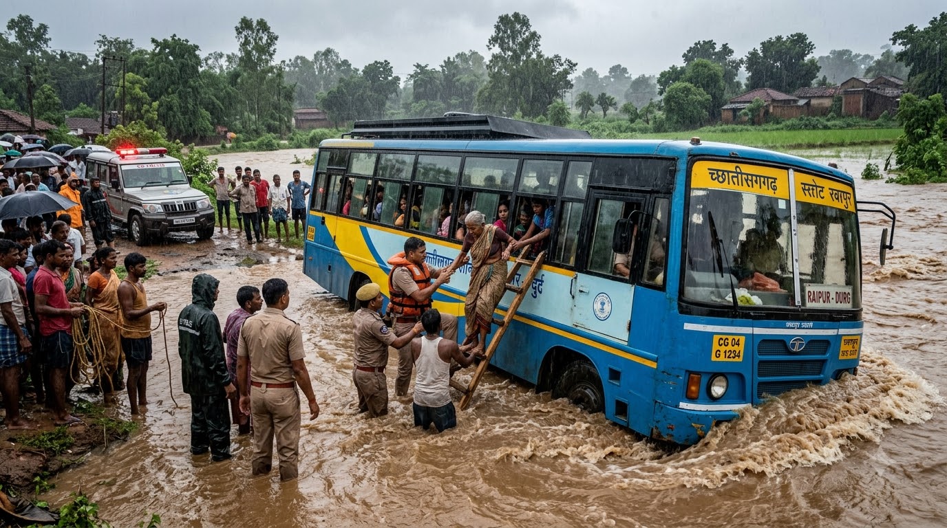 Bus rescue during heavy rain