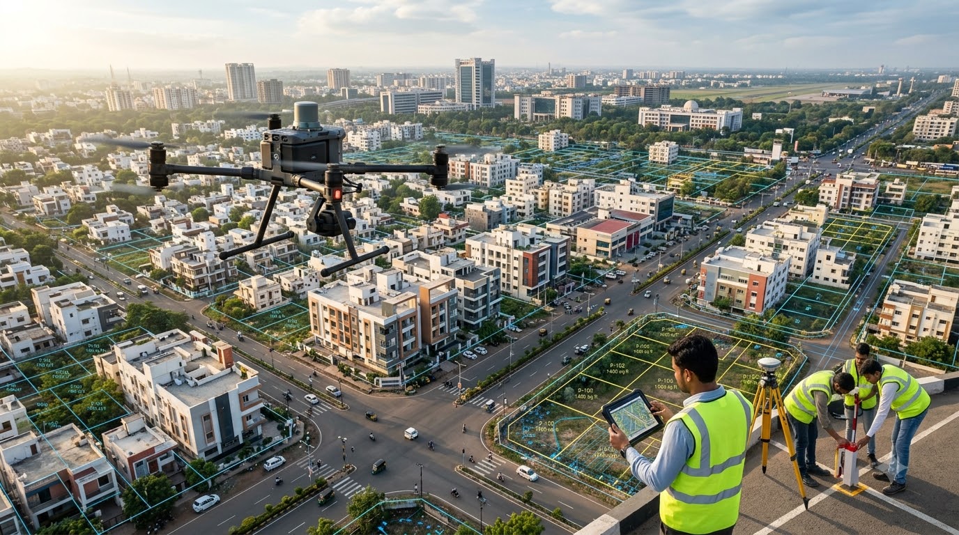 Drone surveying urban area