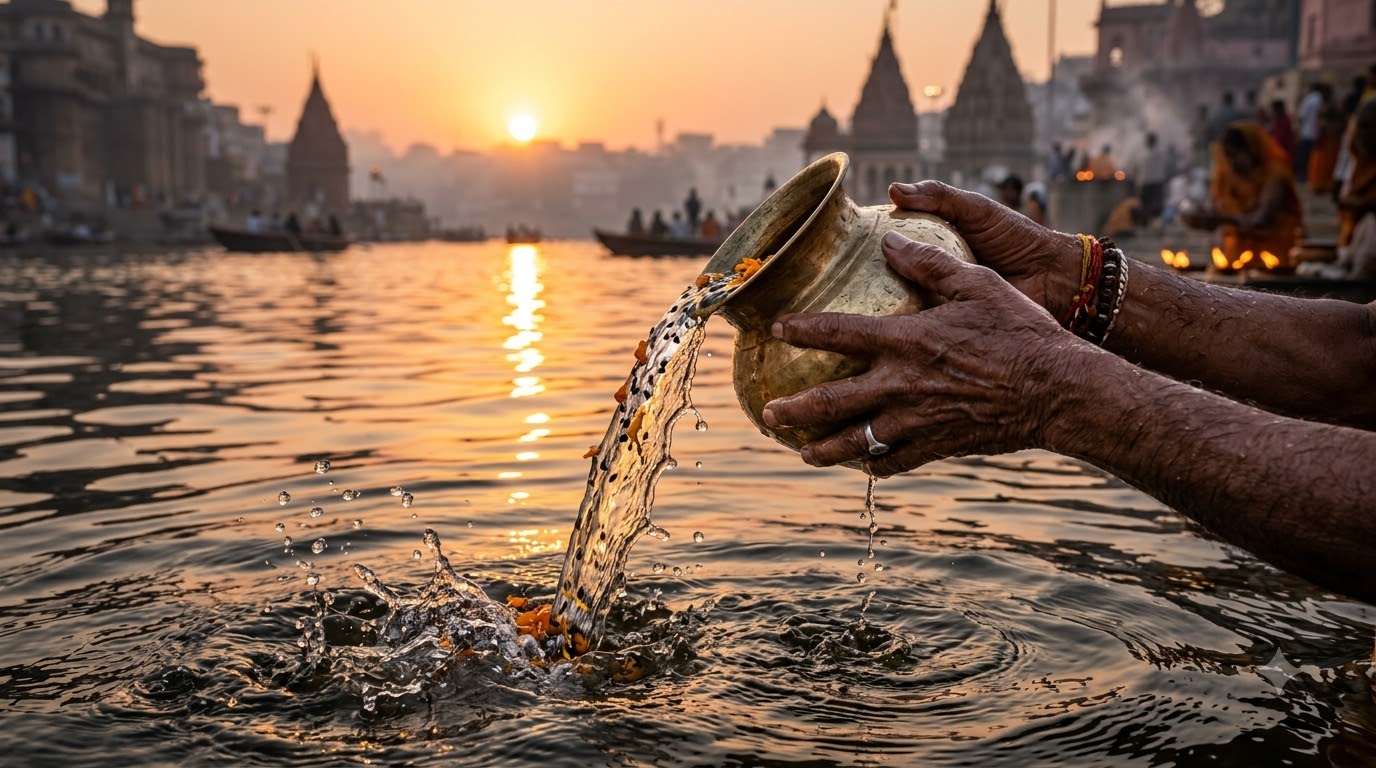 Hands offering water into river