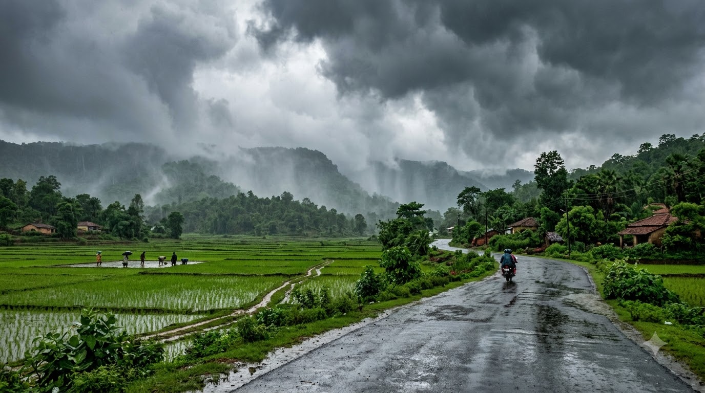Monsoon rain covering green land…