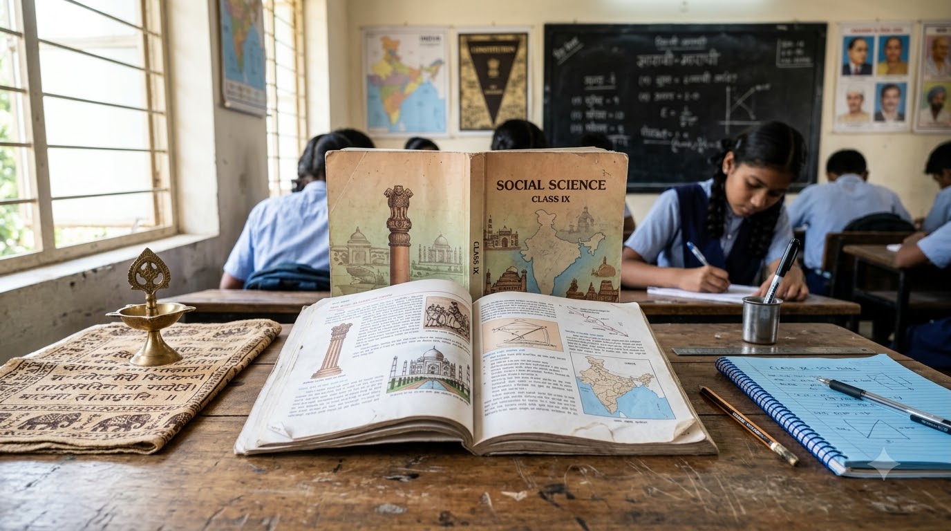 Textbook open on school desk