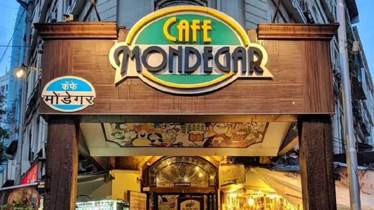 The exterior signboard and view of the famous Cafe Mondegar in Colaba, Mumbai.