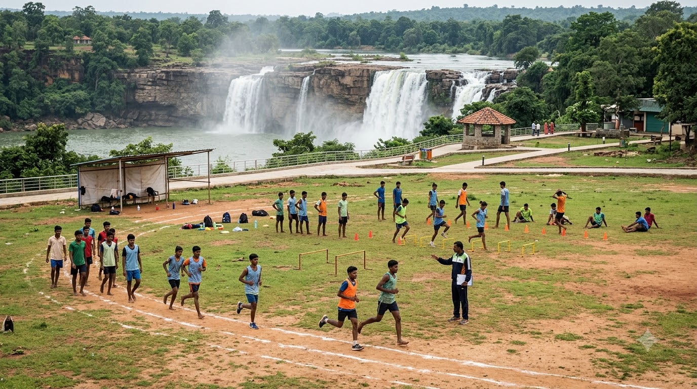 Athletes training near waterfall