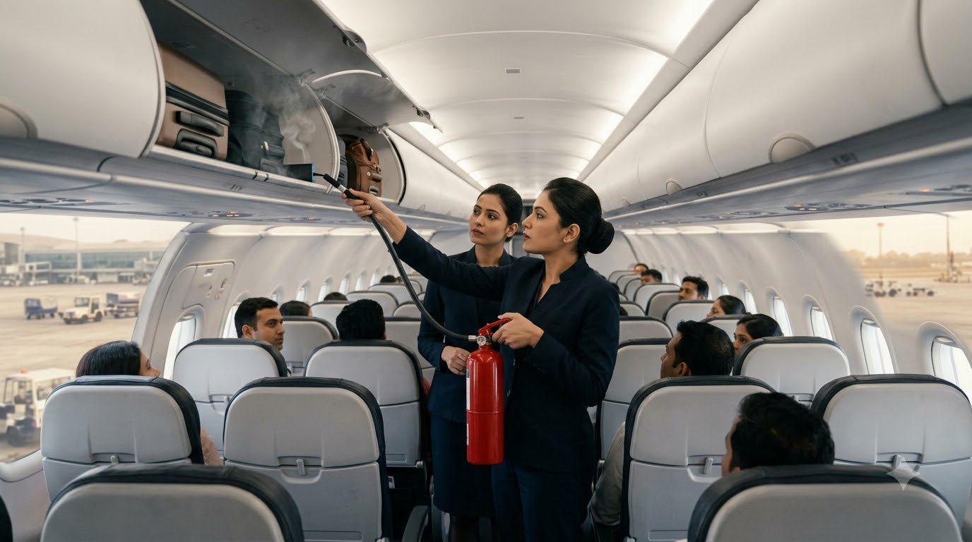 Cabin crew extinguishing smoke