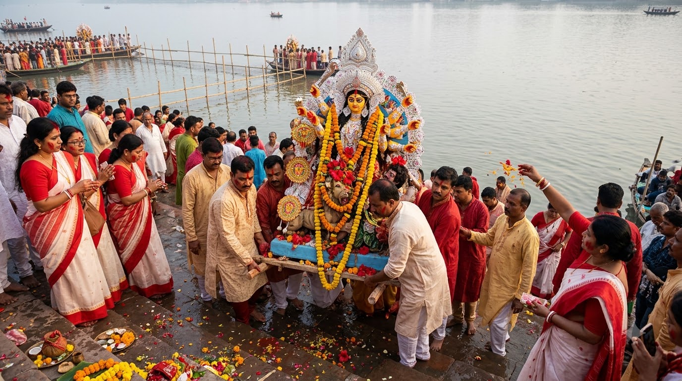 Devotees preparing Durga idol im…