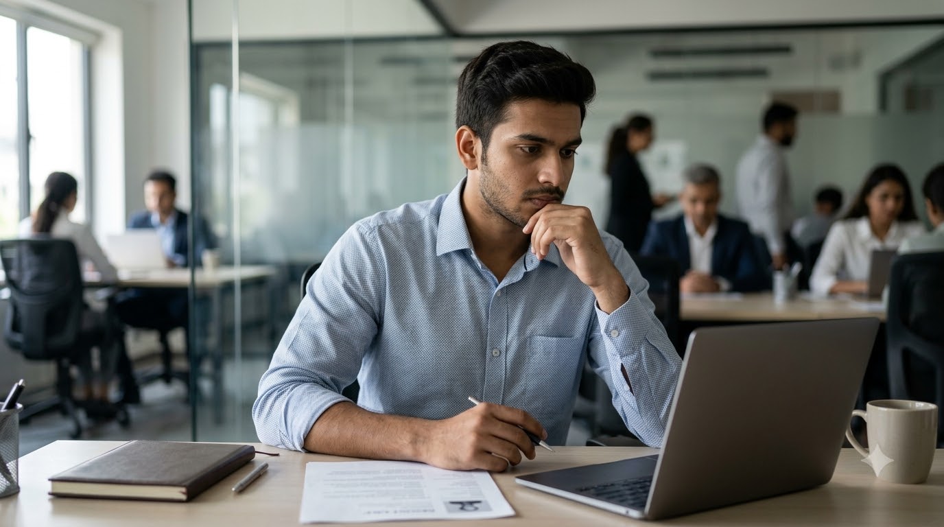 Graduate looking at computer screen