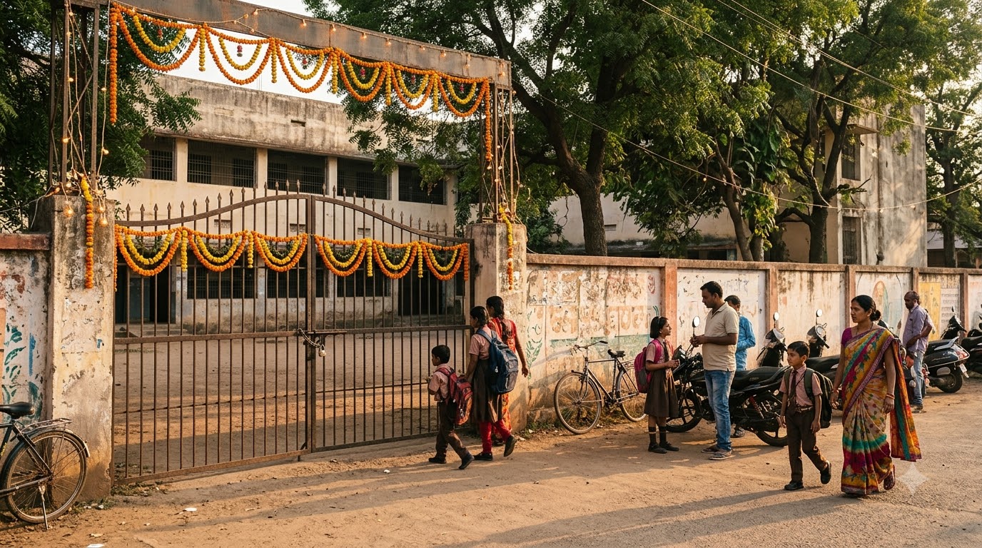 School children standing outside…
