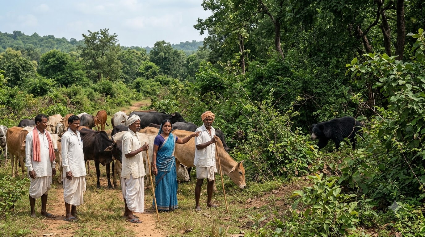 Villagers grazing cattle near fo…