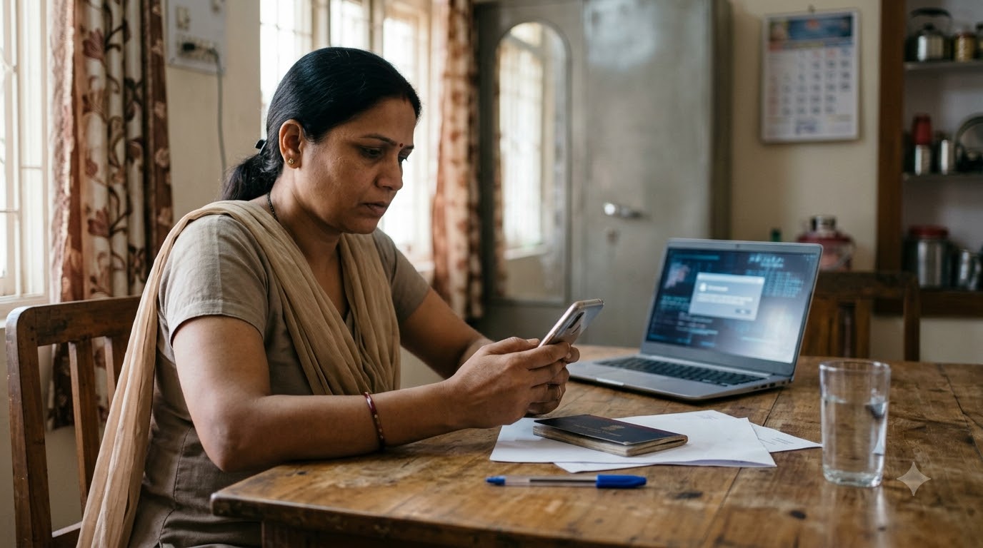 Woman checking phone cyber fraud
