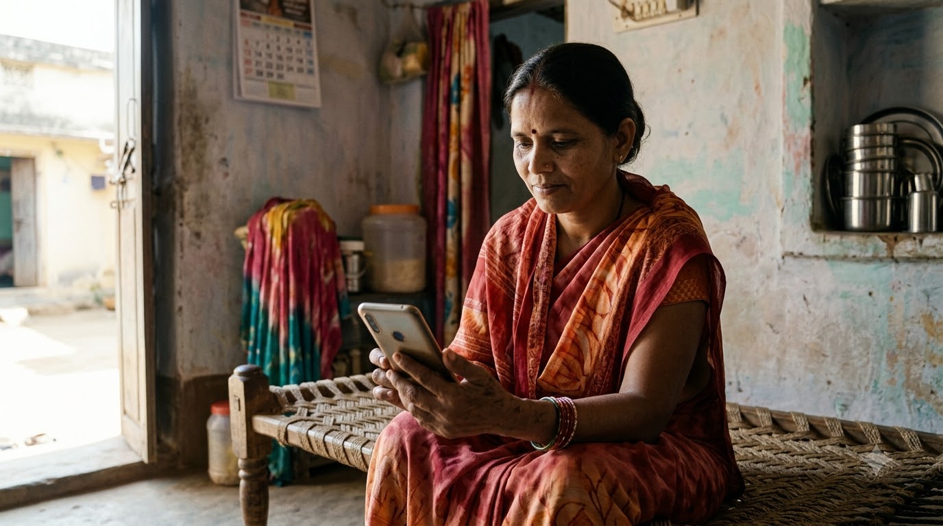 Woman checking smartphone at home