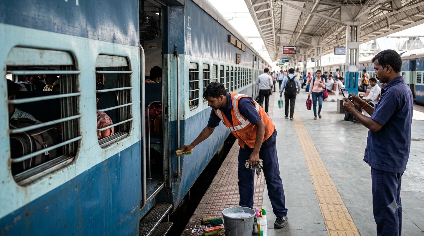 Workers cleaning passenger train…